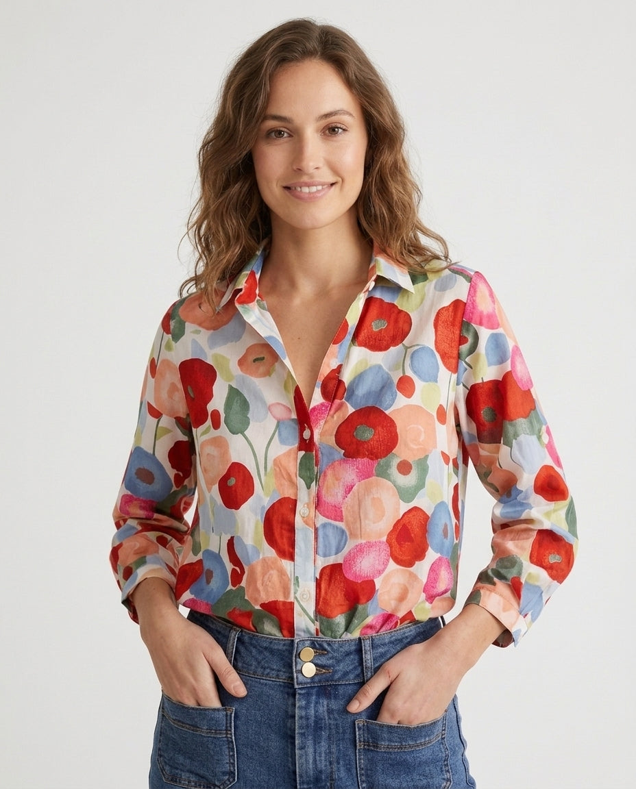 Women's Long Sleeve Button-Down Shirt with Floral Print