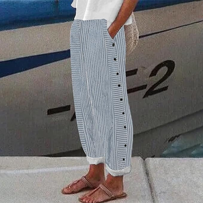 Women's Relaxed Striped Button-Detail Trousers Pants Outfit for Work Casual Days Holidays and Everyday Wear