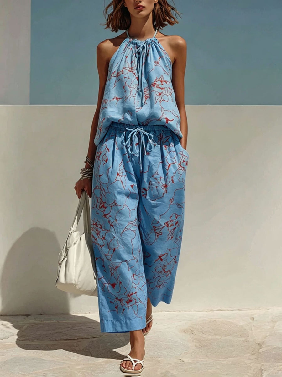 Women's Fashion Minimalist Digital-Print Backless Camisole Cropped Wide-Leg Pants Set Outfit for Work Casual Days Holidays and