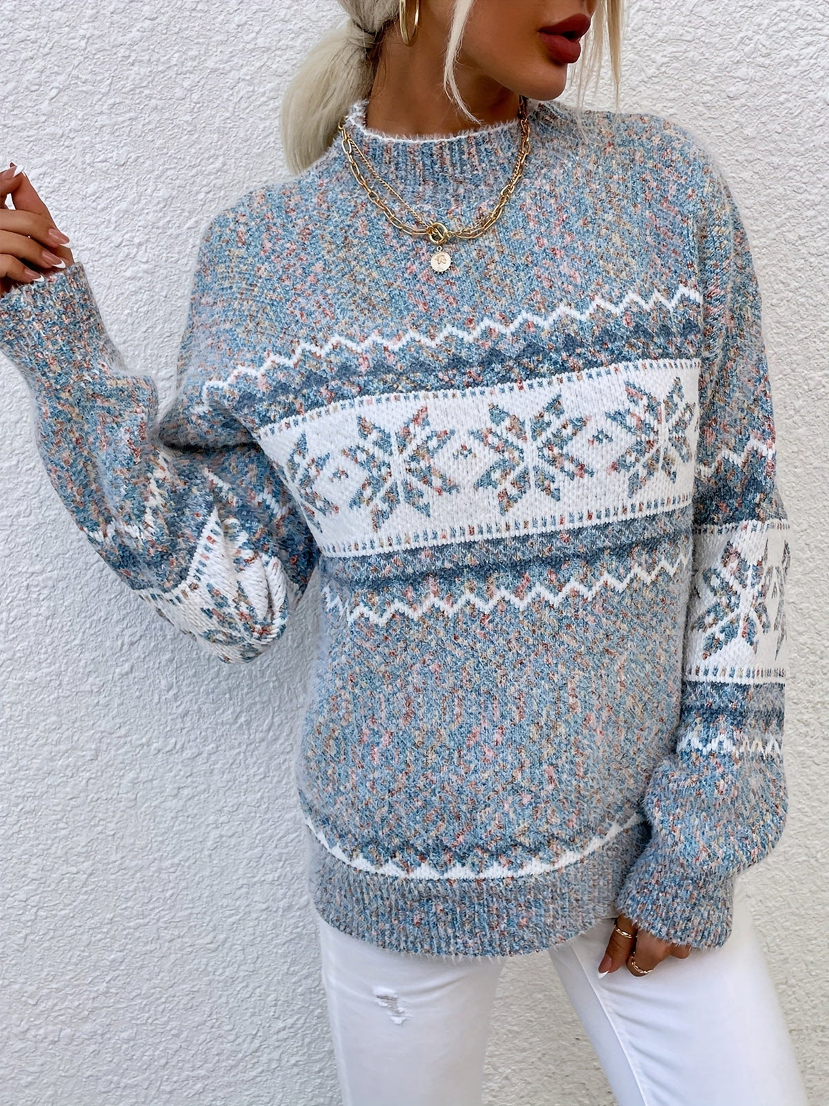 Women's Fair Isle Knit Sweater Mock Neck Long Sleeve Cozy Casual Stylish