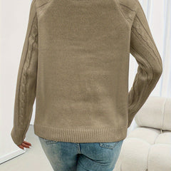 Women's Elegant Cable Knit Sweater Crewneck Long Sleeve Button Detail Stylish