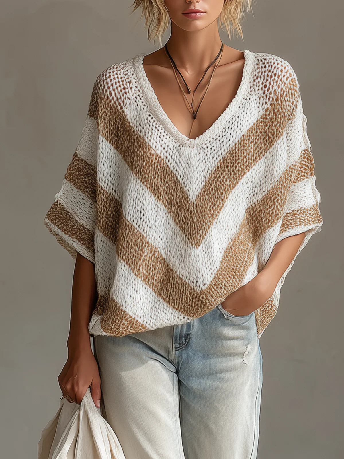 Women's Colour-Blocked V-Neck Pullover Loose-Knit Sweater Knitwear for Autumn Winter Layering Cosy Days and Everyday Wear