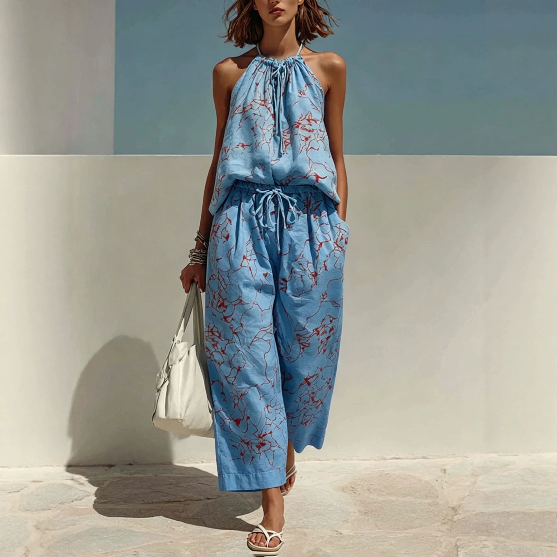Women's Fashion Minimalist Digital-Print Backless Camisole Cropped Wide-Leg Pants Set Outfit for Work Casual Days Holidays and