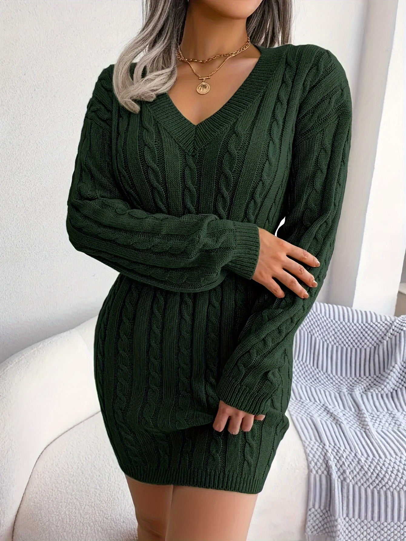 Women's Cable-Knit Peplum Sweater Dress Long Sleeve V-Neck Cozy Midi