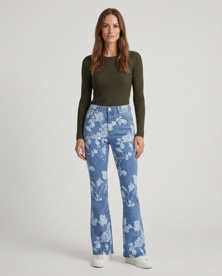 Women's Floral Print Flare Leg Denim Jeans