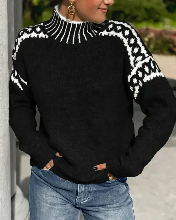 Women's Cozy Turtleneck Sweater Fair Isle Knit Relaxed Fit Casual Everyday