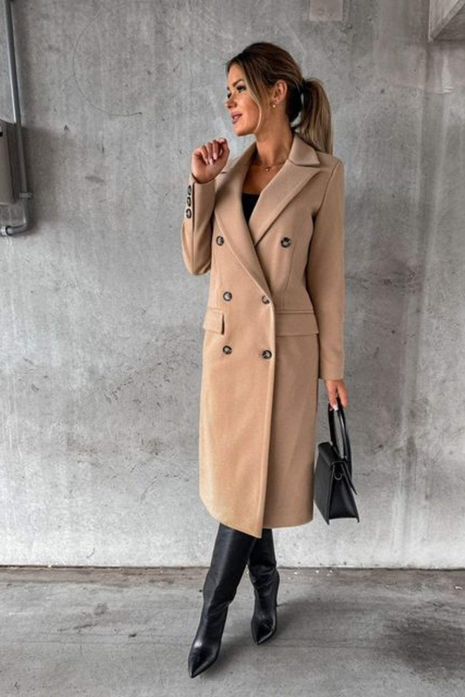 Women's Double Breasted Midi Overcoat Tailored Fit Classic Collar Button-Front Stylish Layering