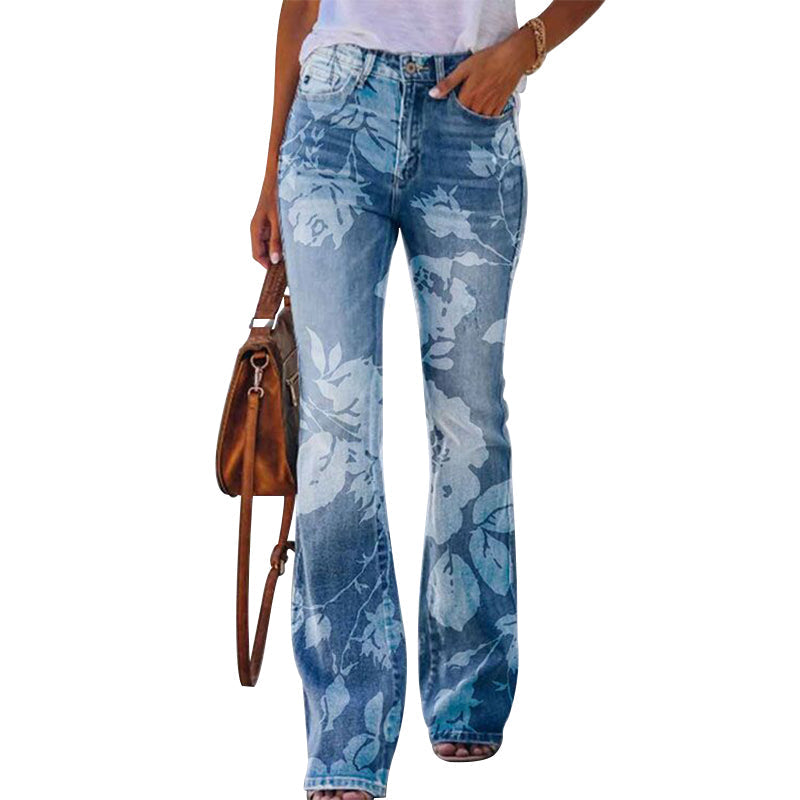 Women's Retro Floral High-Waisted Wide Leg Jeans Outfit for Work Casual Days Holidays and Everyday Wear