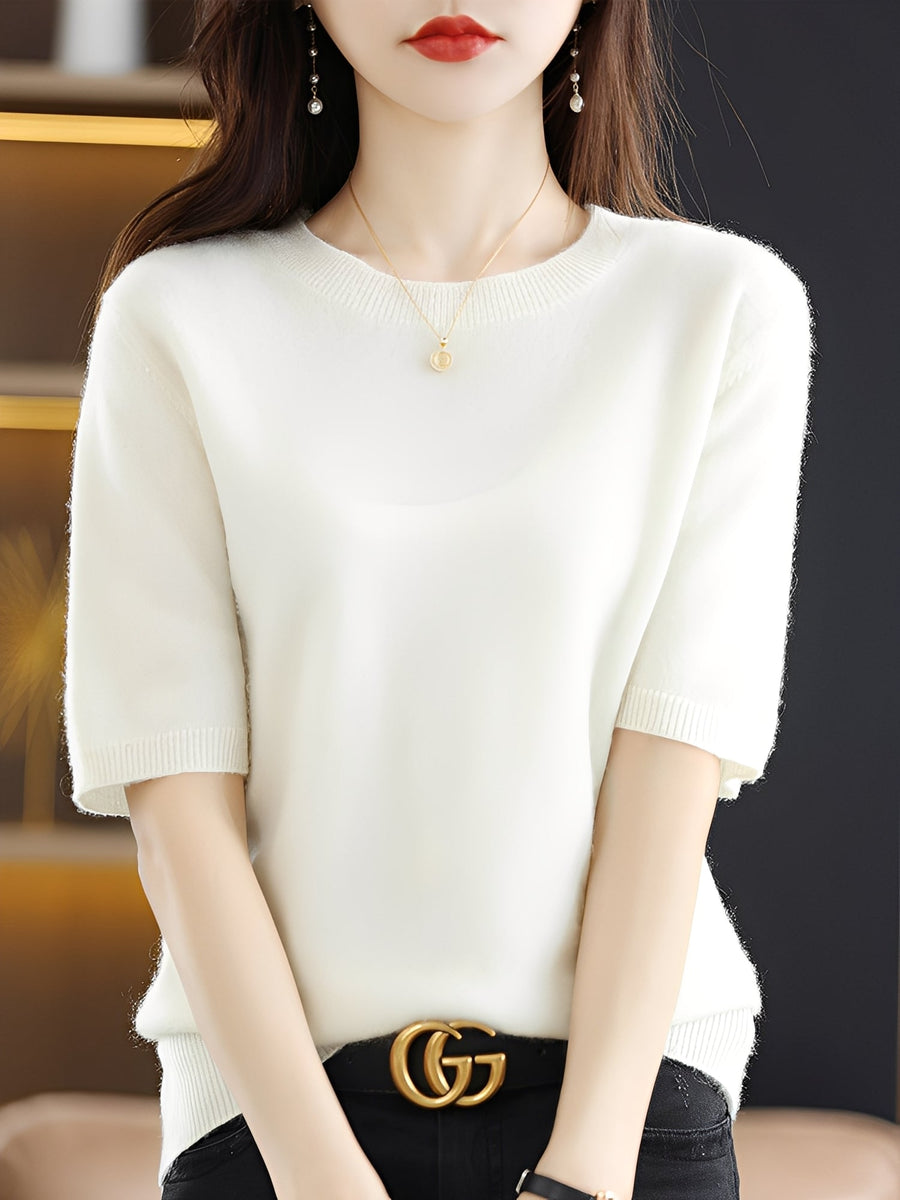 Women's Cozy Short-Sleeve Sweater Relaxed Fit Crew Neck Casual Everyday