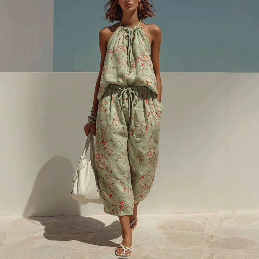 Women's Fashion Minimalist Digital-Print Backless Camisole Cropped Wide-Leg Pants Set Outfit for Work Casual Days Holidays and
