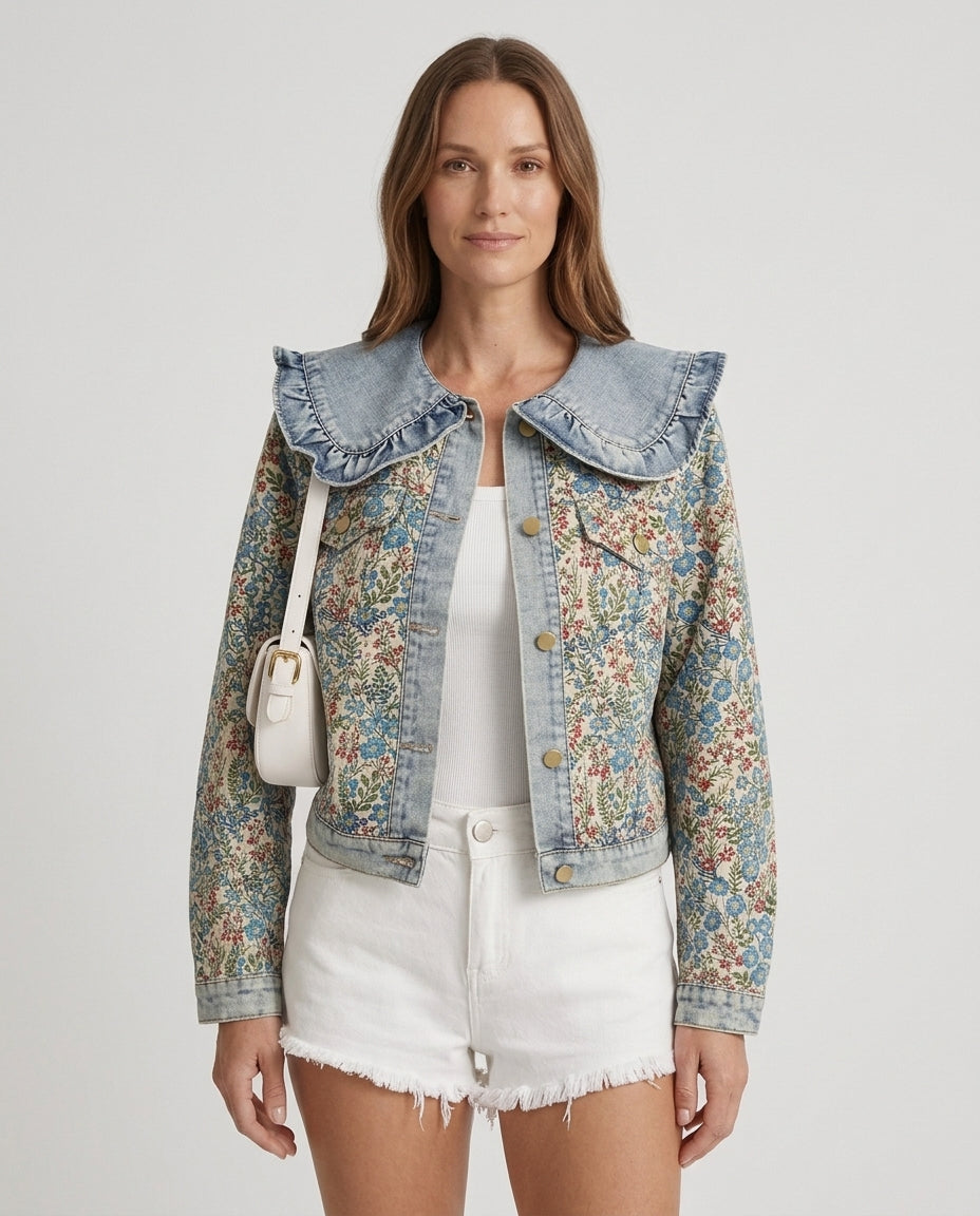 Women's Denim Jacket with Ruffled Peter Pan Collar