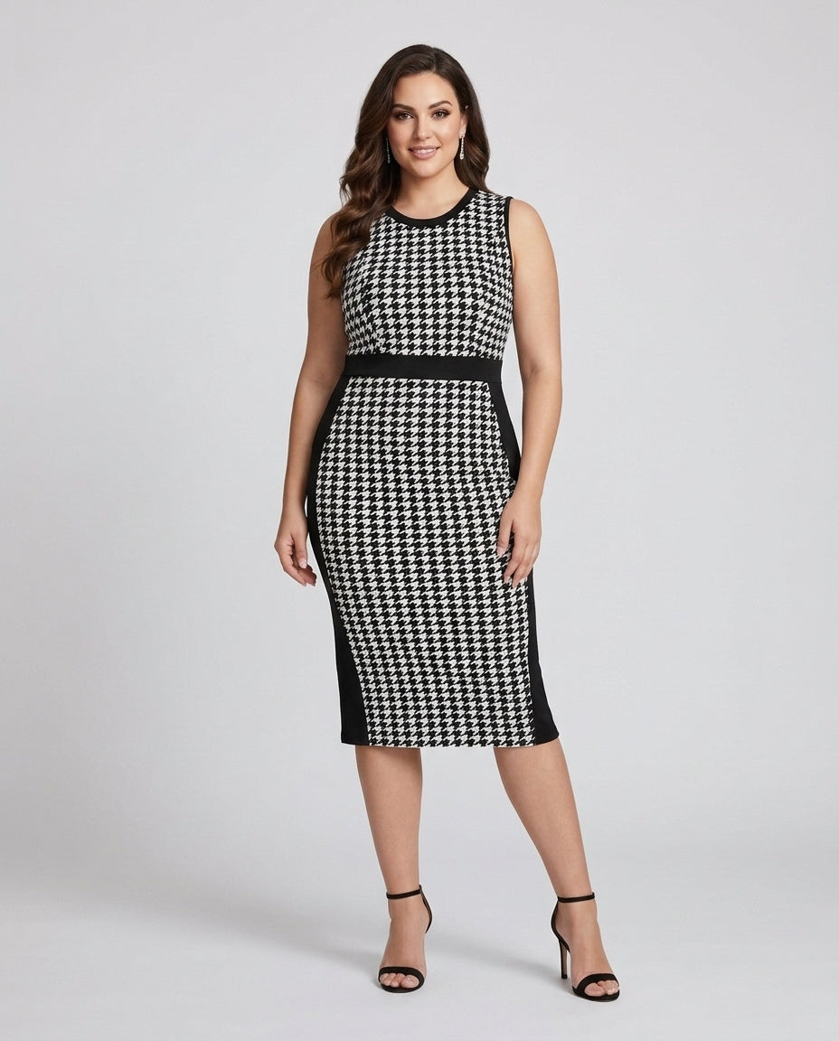 Women's Houndstooth Patterned Zip-Front Midi Dress