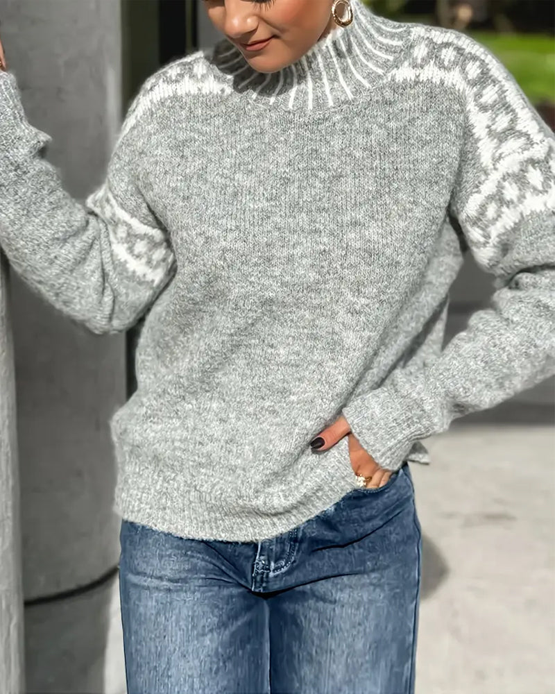 Women's Cozy Turtleneck Sweater Fair Isle Knit Relaxed Fit Casual Everyday