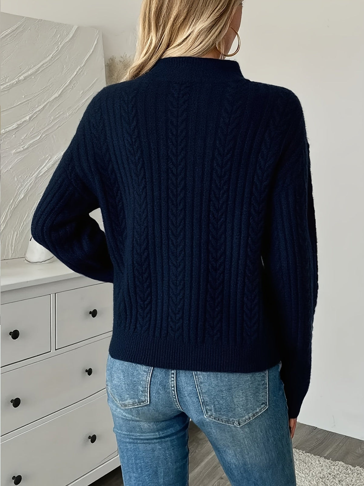 Women's Cable Knit Quarter Zip Sweater Relaxed Fit Long Sleeve Casual Layering