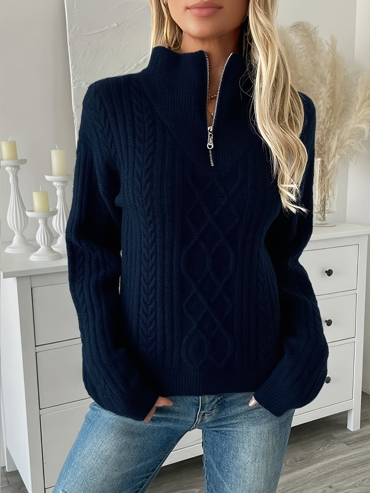 Women's Cable Knit Quarter Zip Sweater Relaxed Fit Long Sleeve Casual Layering
