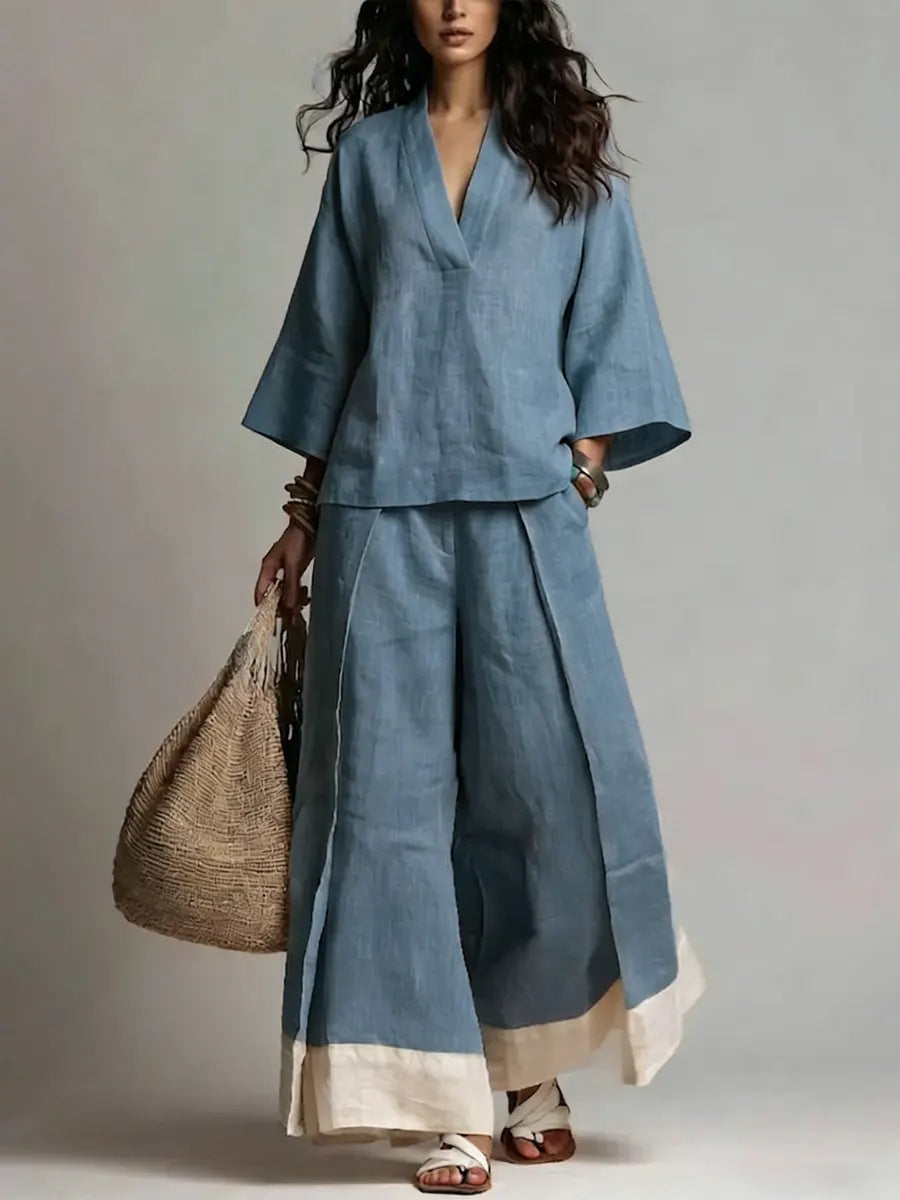 Women's Casual V-Neck Shirt Wide-Leg Pants Set Outfit for Work Brunch Casual Days and Everyday Wear