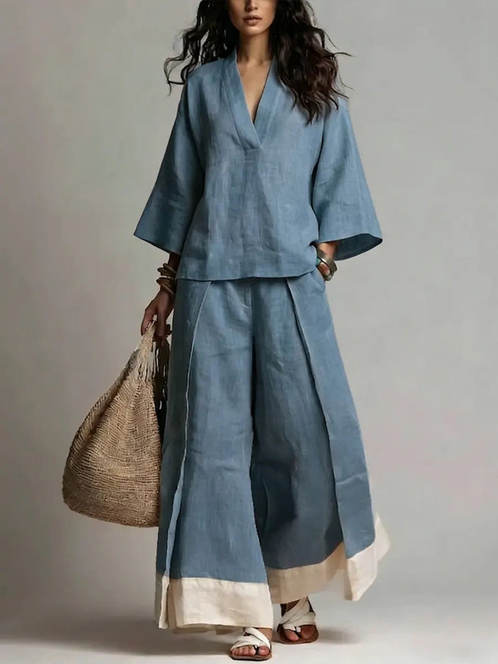 Women’s Casual V-Neck Shirt and Wide-Leg Pants Set | Stylish