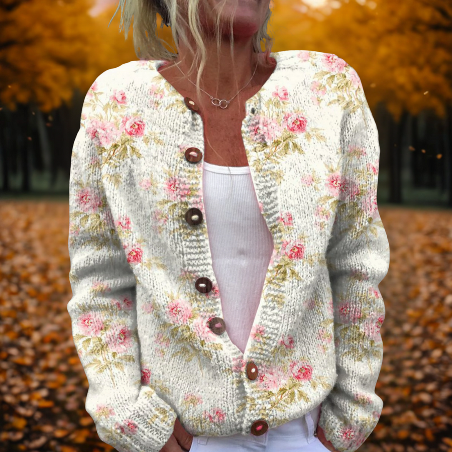 Women's Open-Front Cardigan Floral Knit Relaxed Fit Drape Layering