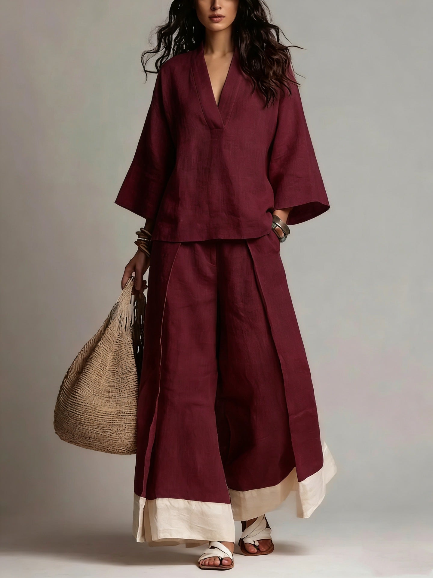 Women's Casual V-Neck Shirt Wide-Leg Pants Set Outfit for Work Brunch Casual Days and Everyday Wear