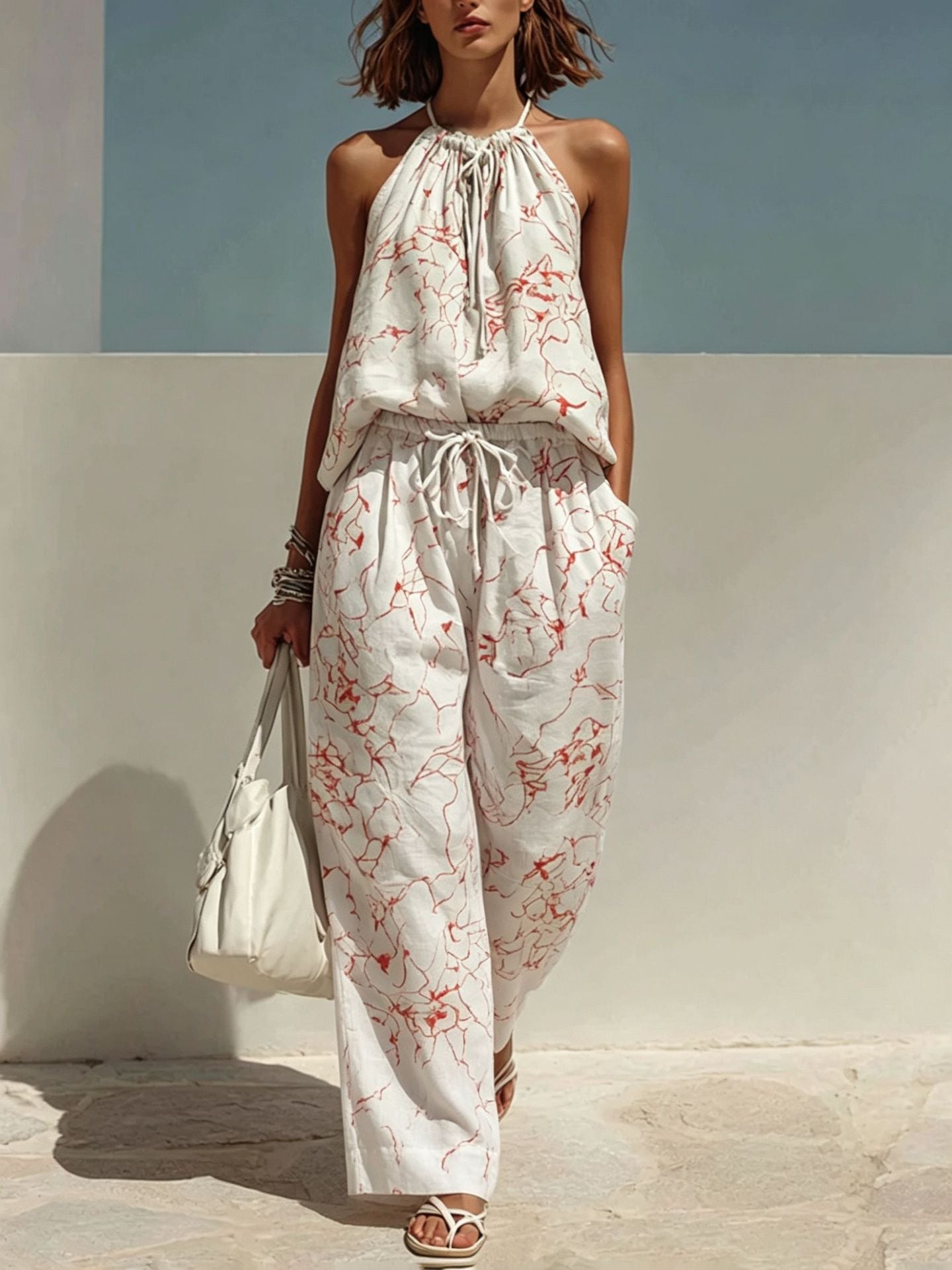 Women's Fashion Minimalist Digital-Print Backless Camisole Cropped Wide-Leg Pants Set Outfit for Work Casual Days Holidays and