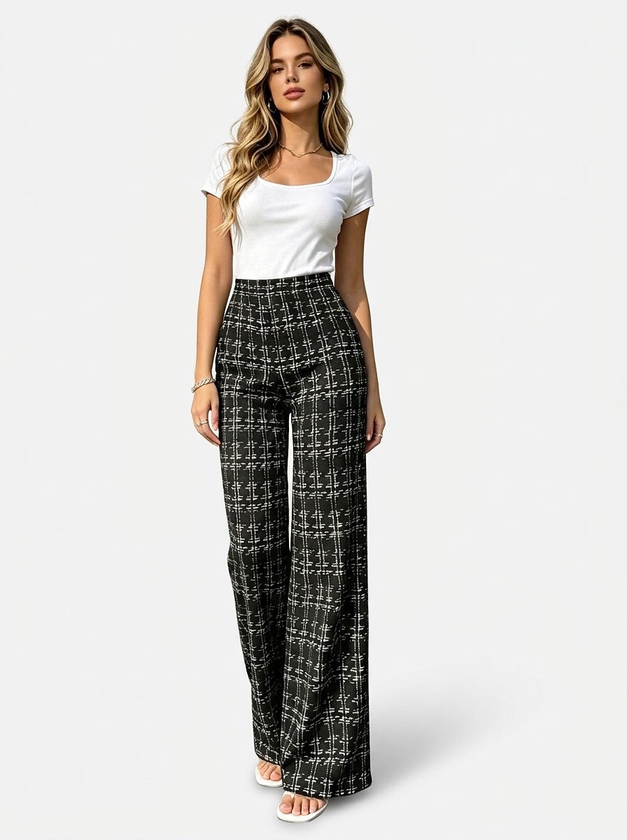 Women’s High-Waisted Plaid Wide-Leg Trousers
