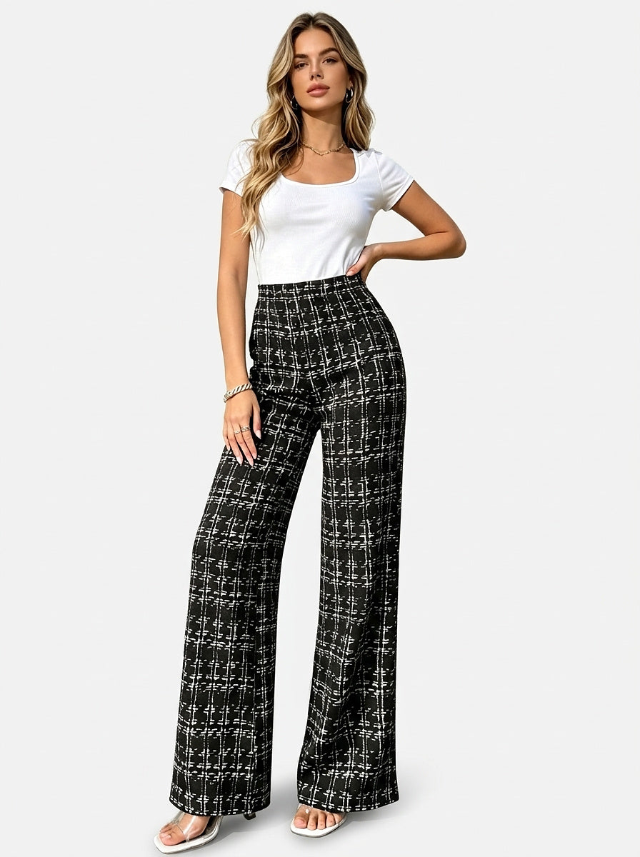 Women’s High-Waisted Plaid Wide-Leg Trousers