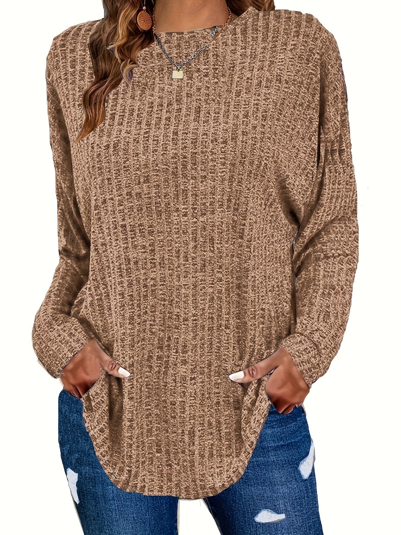 Women's Waffle Knit Tunic Sweater Curved Hem Long Sleeve Casual Everyday