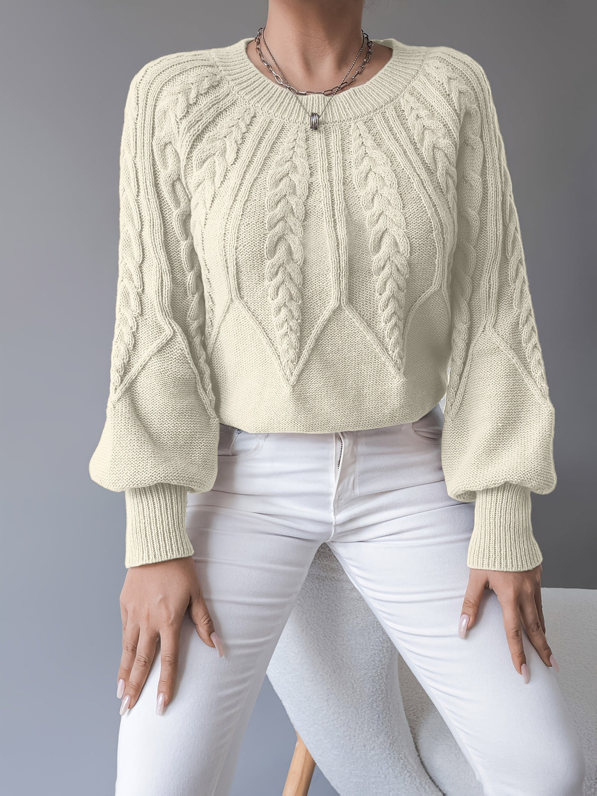 Women's Cable Knit Crewneck Sweater Relaxed Fit Long Sleeve Casual Everyday