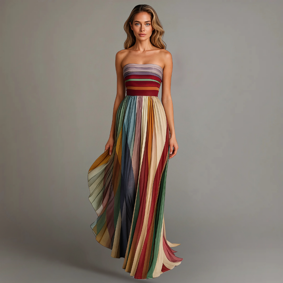Women's Colourful Pleated Maxi Strapless Summer Dress Outfit for Summer Holidays Weddings Parties and Everyday Wear