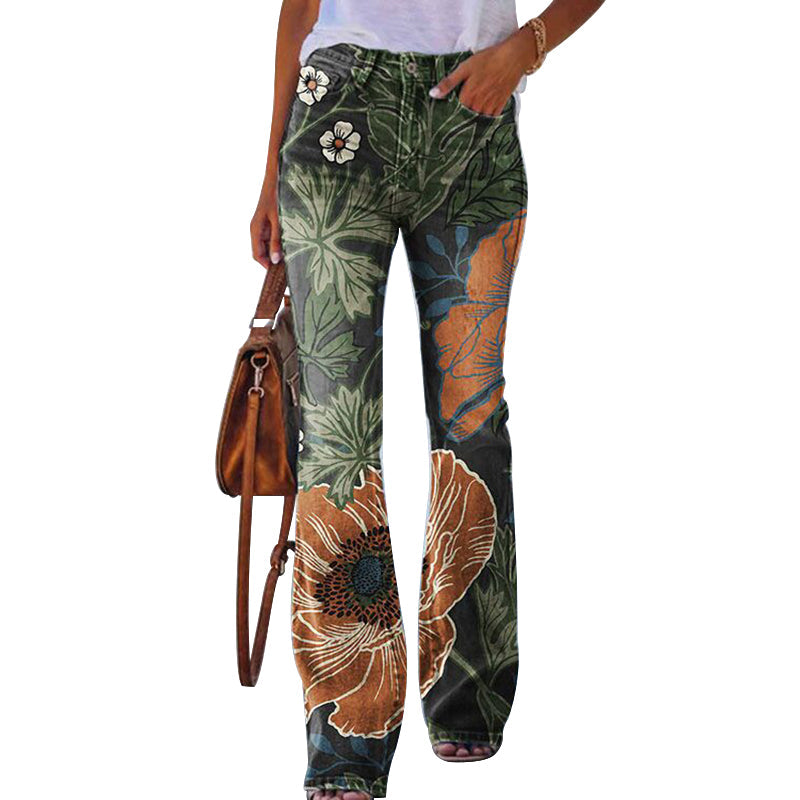 Women's Retro Floral High-Waisted Wide Leg Jeans Outfit for Work Casual Days Holidays and Everyday Wear