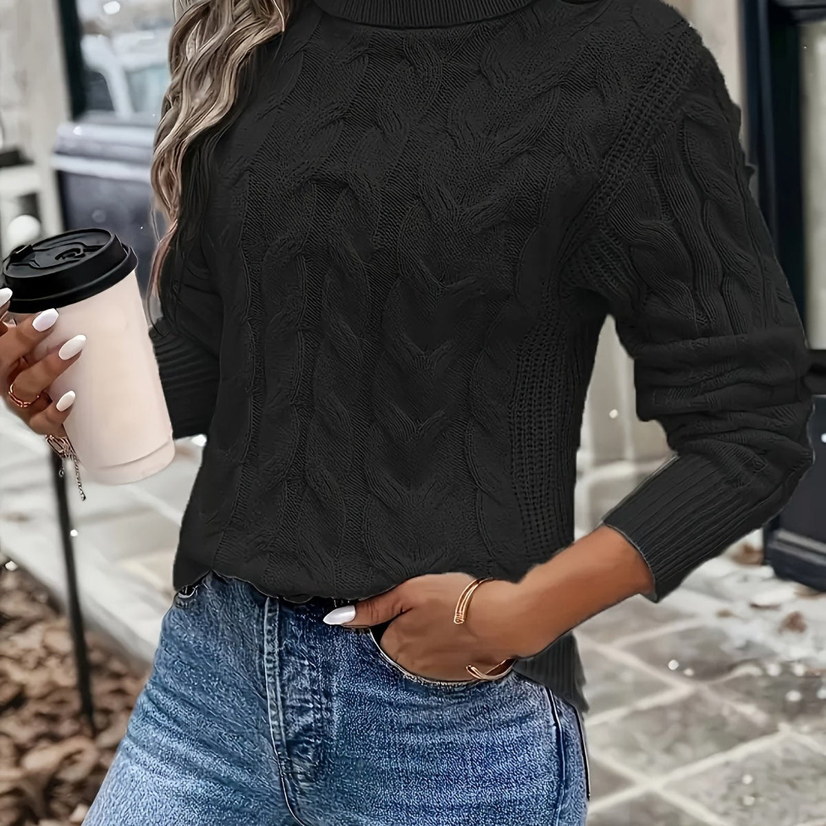 Women's Stylish Cable Knit Turtleneck Sweater Fitted Long Sleeve Cozy Casual