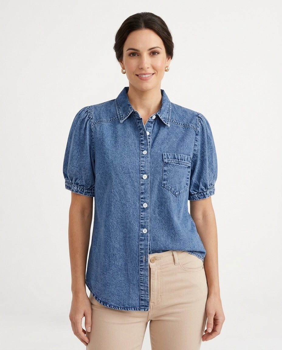 Women's Denim Shirt with Bubble Sleeves