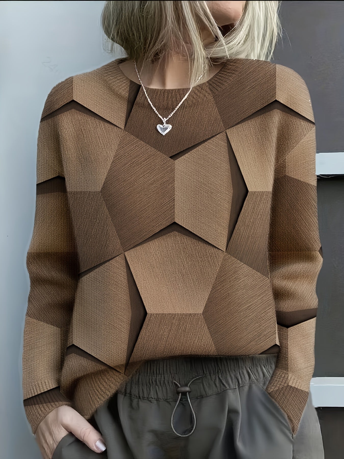 Women's Geometric Colorblock Knit Sweater Long Sleeve Crew Neck Casual Everyday