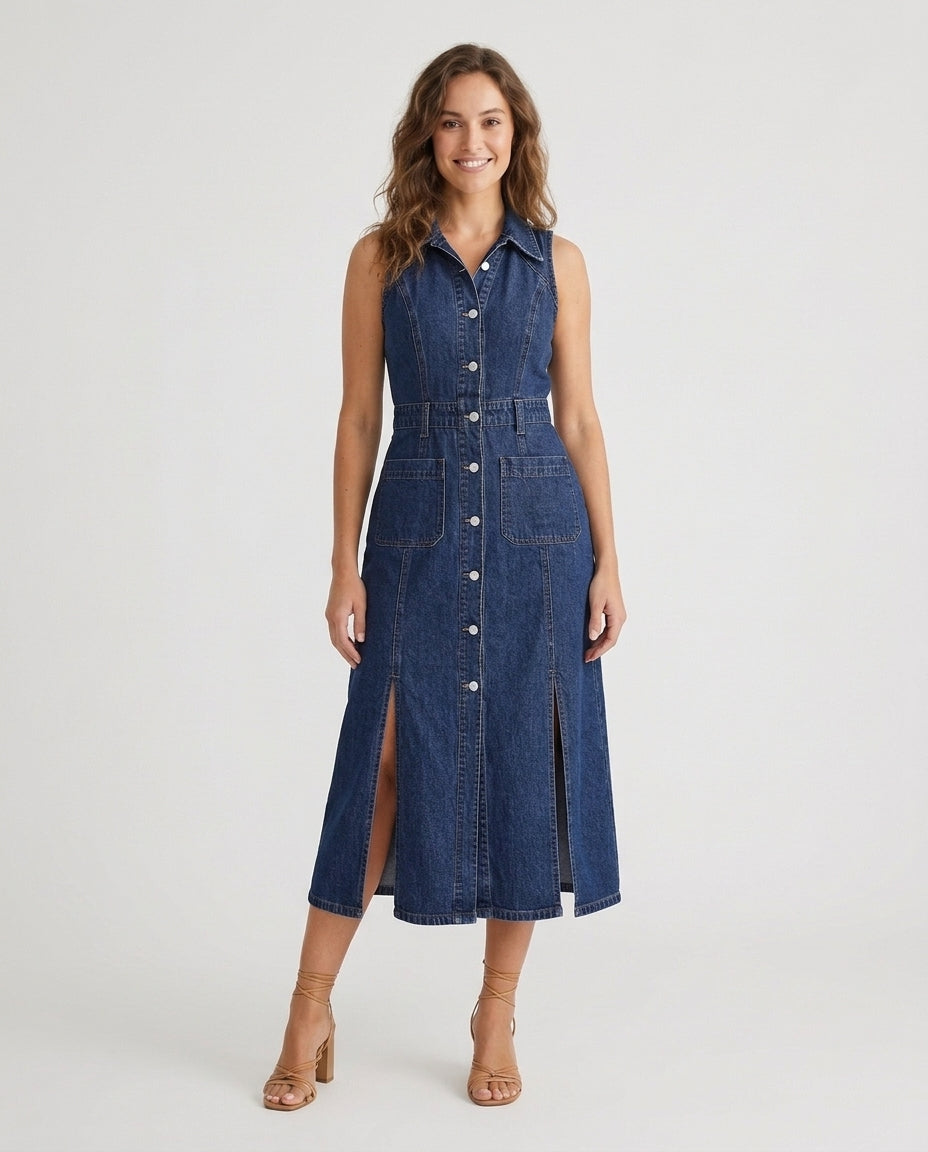 Women's Sleeveless Denim Midi Dress with Front Slits