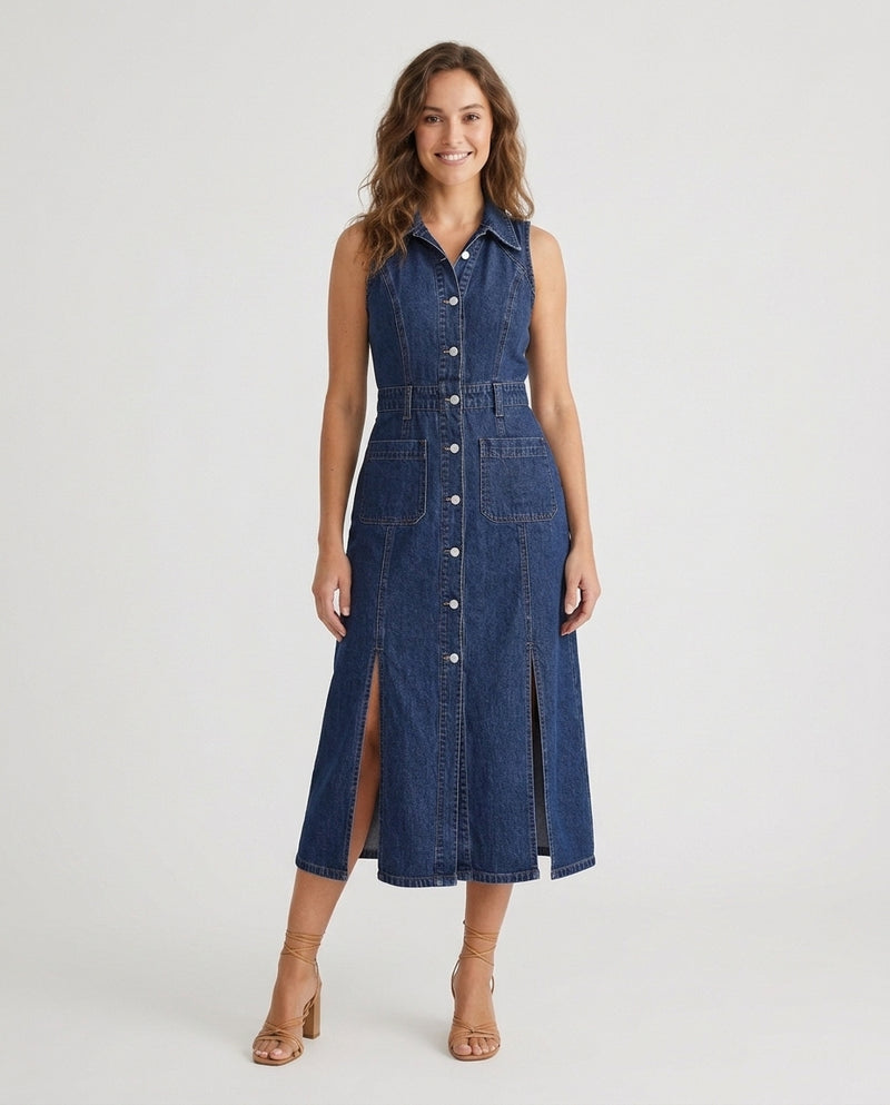 Women's Sleeveless Denim Midi Dress with Front Slits