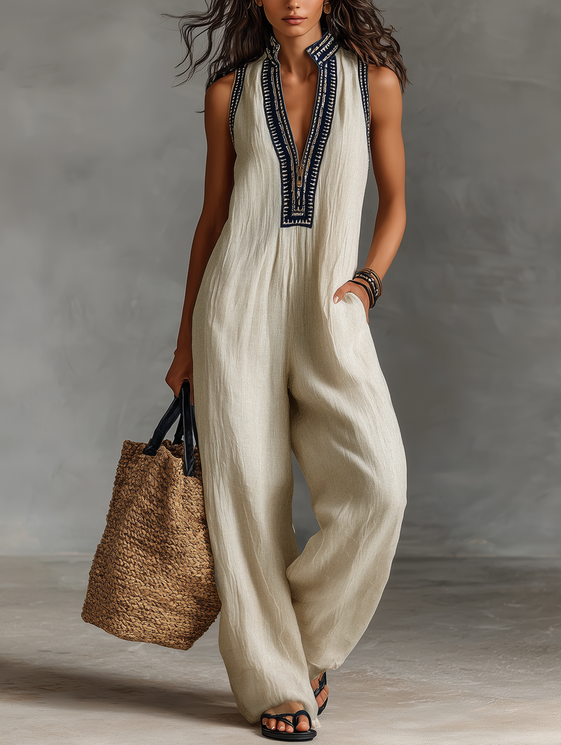 Women's Embroidered Sleeveless Jumpsuit Outfit for Summer Holidays Parties Brunch and Everyday Wear
