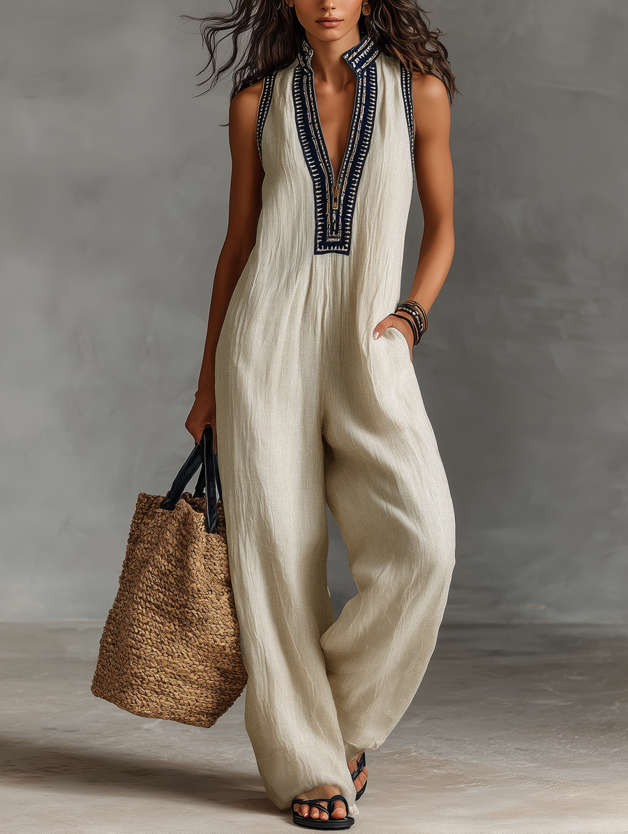 Women's Embroidered Sleeveless Jumpsuit Outfit for Summer Holidays Parties Brunch and Everyday Wear