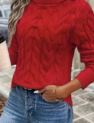 Women's Stylish Cable Knit Turtleneck Sweater Fitted Long Sleeve Cozy Casual