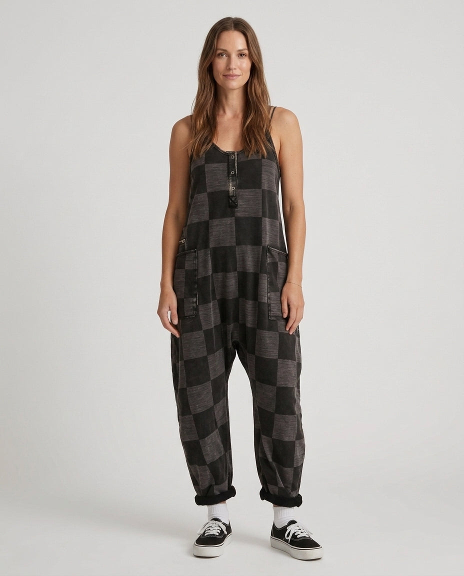 Women’s Plaid Jumpsuit with Button Front and Pockets