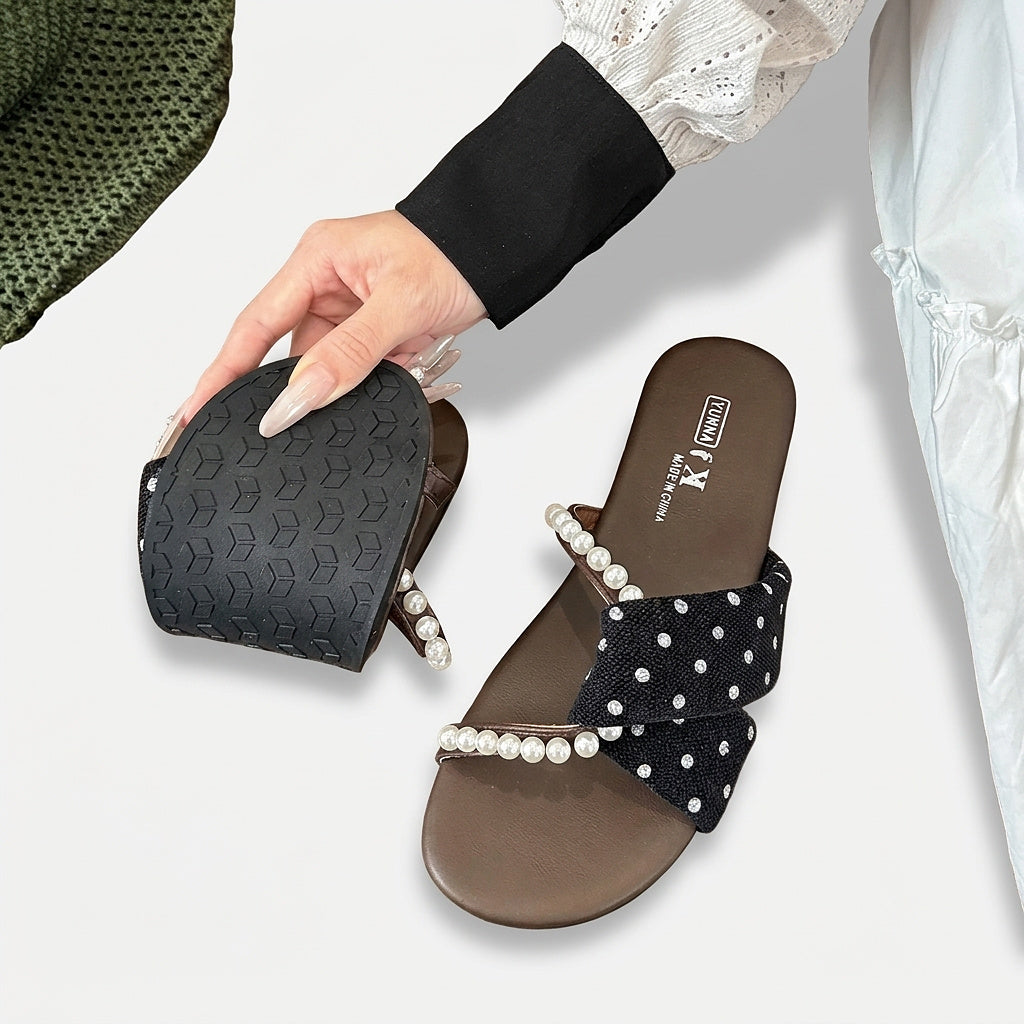 Women’s Flat Slide Sandals with Pearl Embellishments
