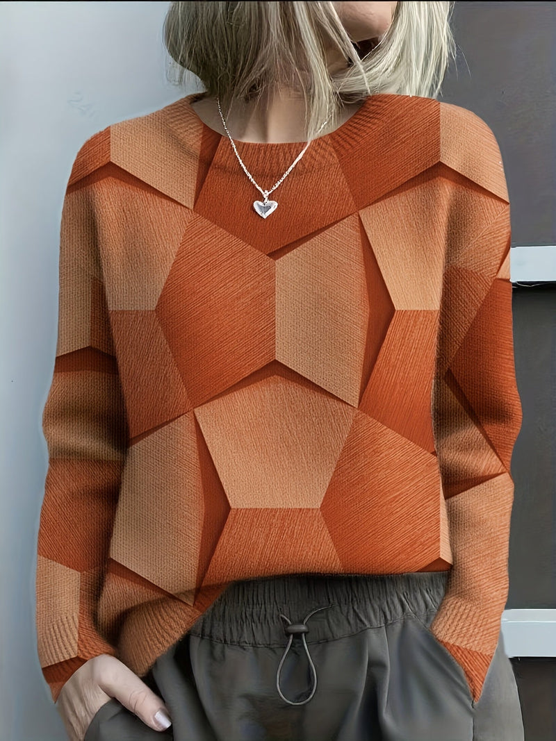 Women's Geometric Colorblock Knit Sweater Long Sleeve Crew Neck Casual Everyday