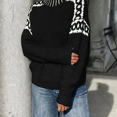 Women's Cozy Turtleneck Sweater Fair Isle Knit Relaxed Fit Casual Everyday
