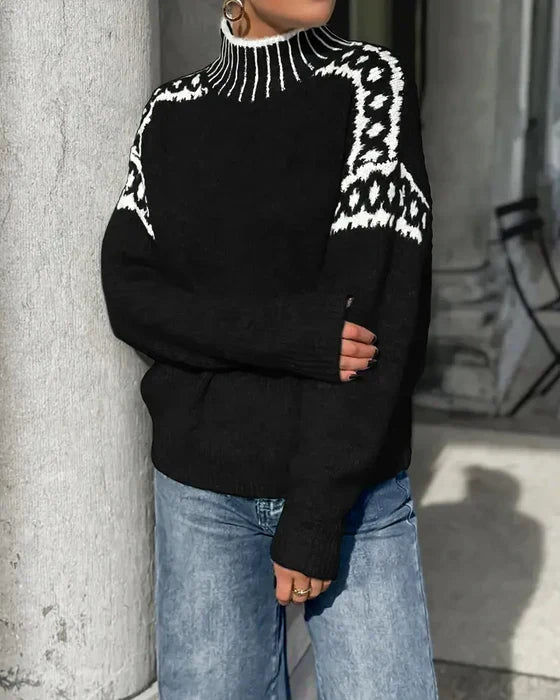 Women's Cozy Turtleneck Sweater Fair Isle Knit Relaxed Fit Casual Everyday