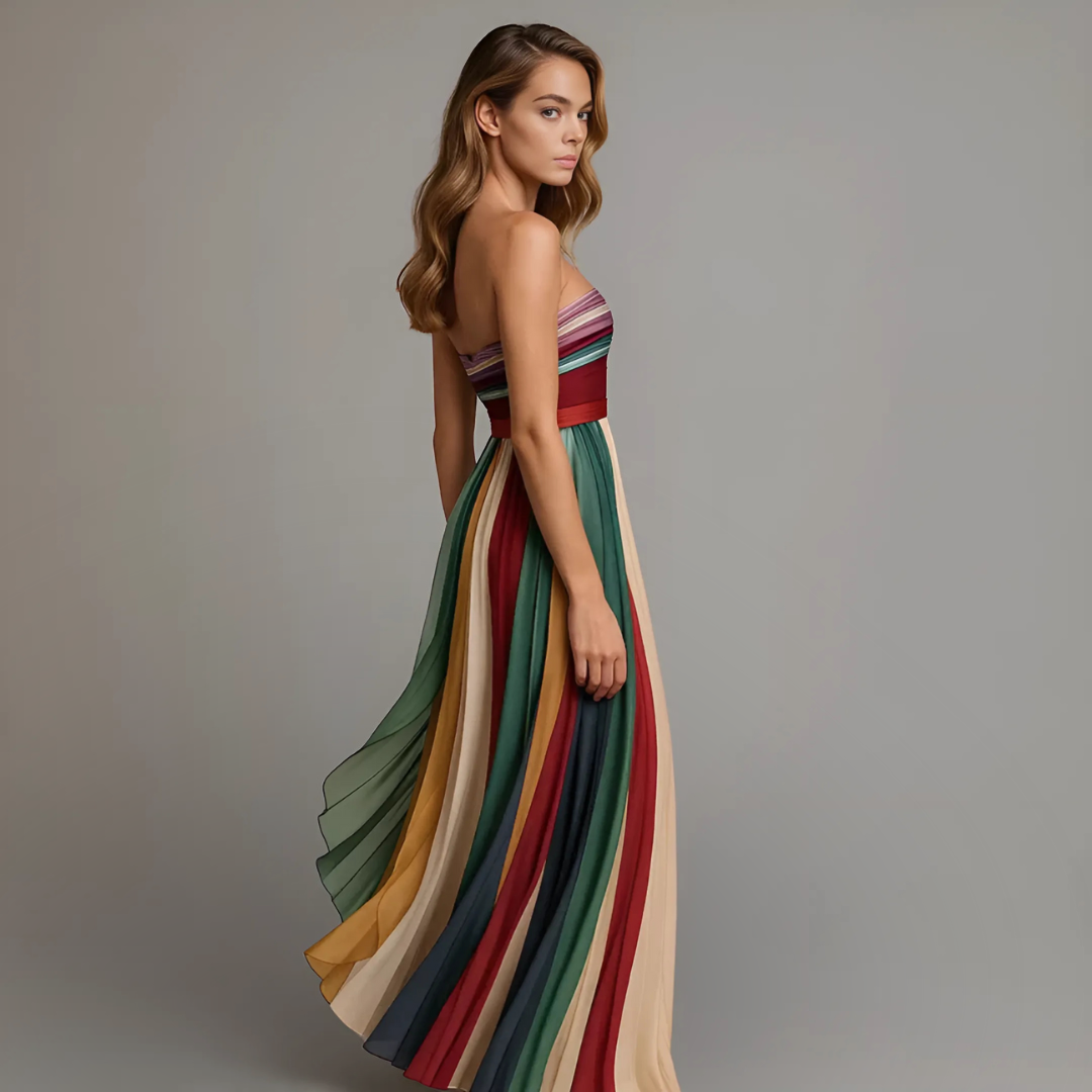Women's Colourful Pleated Maxi Strapless Summer Dress Outfit for Summer Holidays Weddings Parties and Everyday Wear