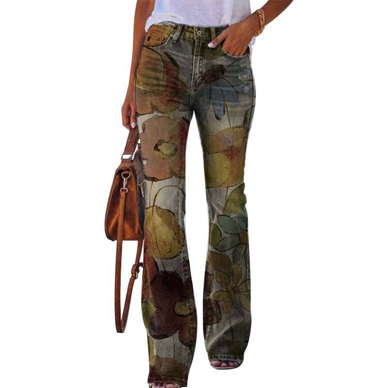 Women's Retro Floral High-Waisted Wide Leg Jeans Outfit for Work Casual Days Holidays and Everyday Wear