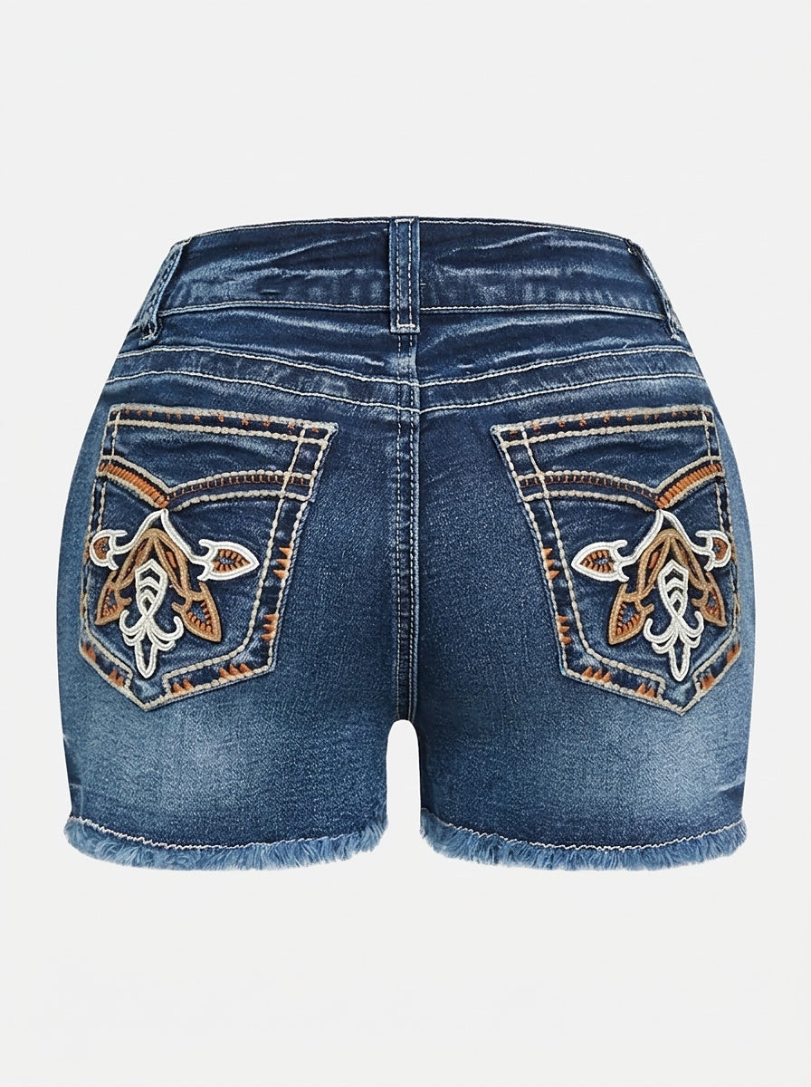 Women's Embroidered Denim Shorts High Waist Washed Blue Jean Shorts Frayed Hem Casual Summer Shorts US Ready Stock