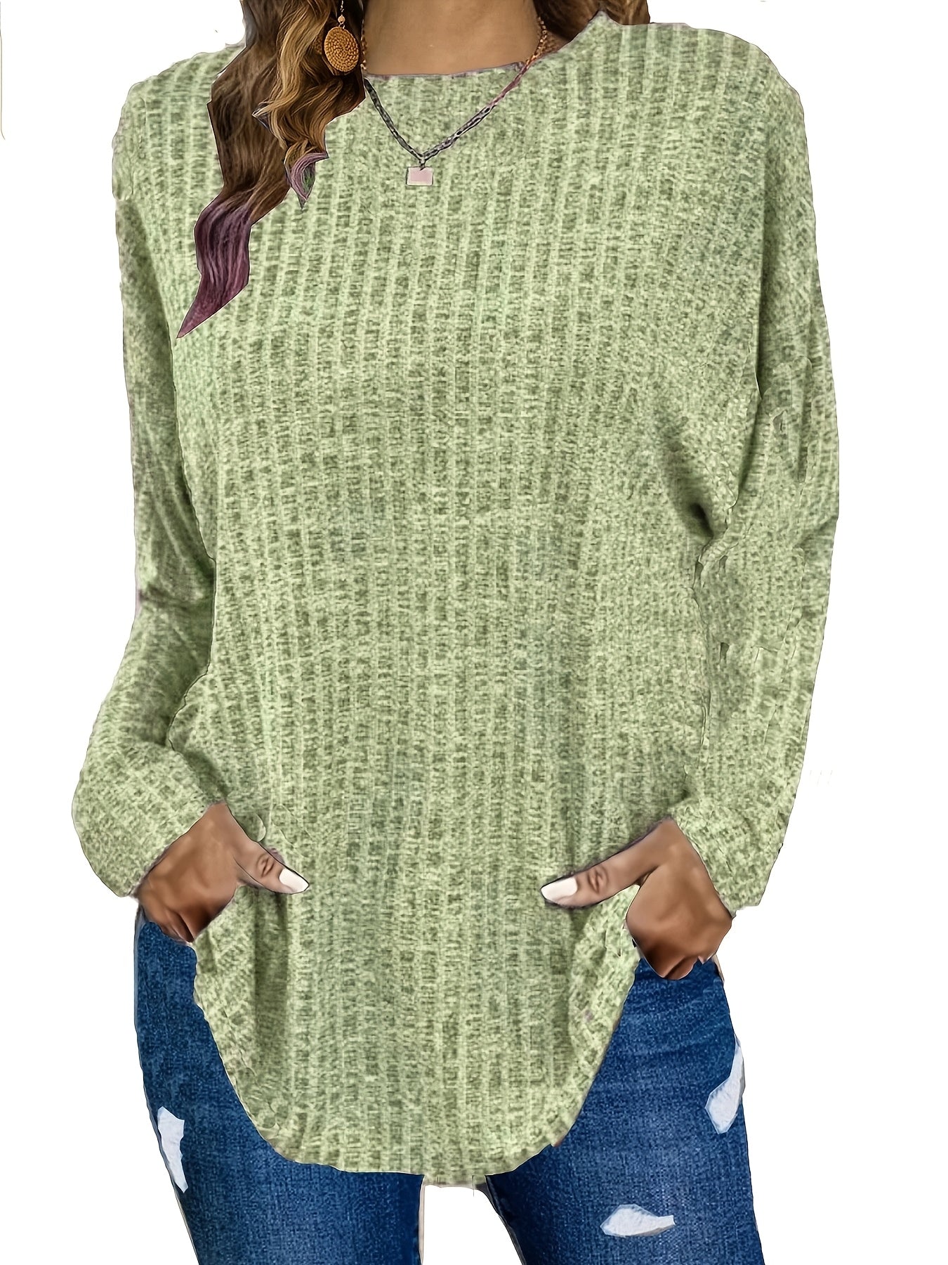 Women's Waffle Knit Tunic Sweater Curved Hem Long Sleeve Casual Everyday