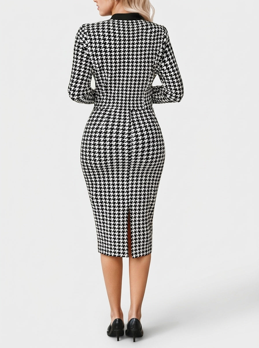 Women's Houndstooth Patterned Zip-Front Midi Dress