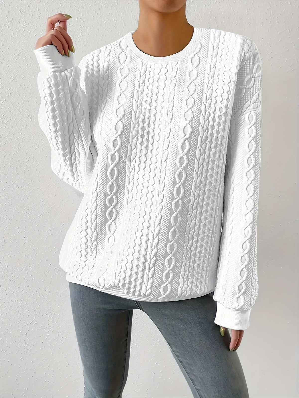 Women's Casual Cable Knit Sweatshirt Crewneck Relaxed Fit Everyday Wear