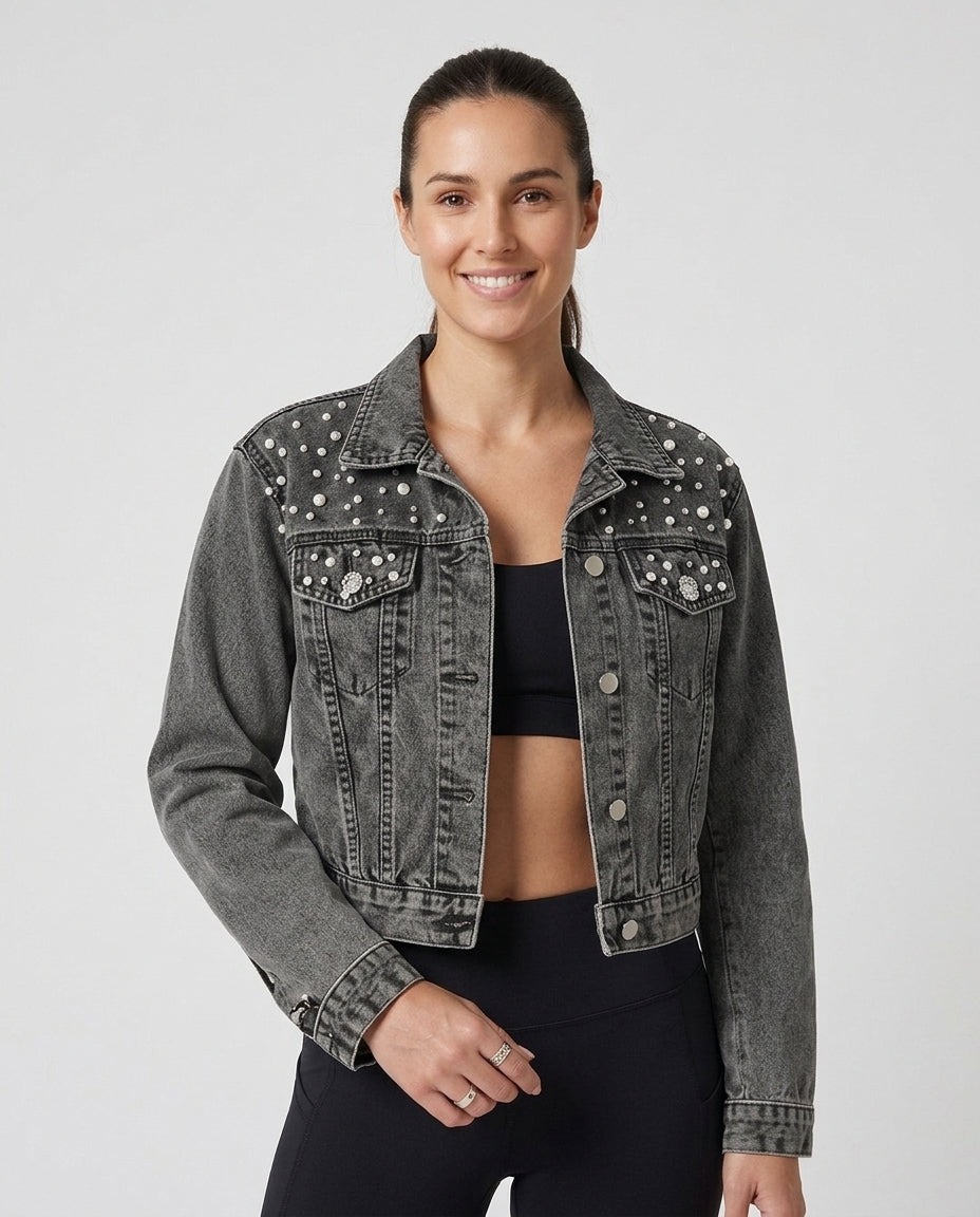 Women’s Denim Jacket with Pearl Embellishments